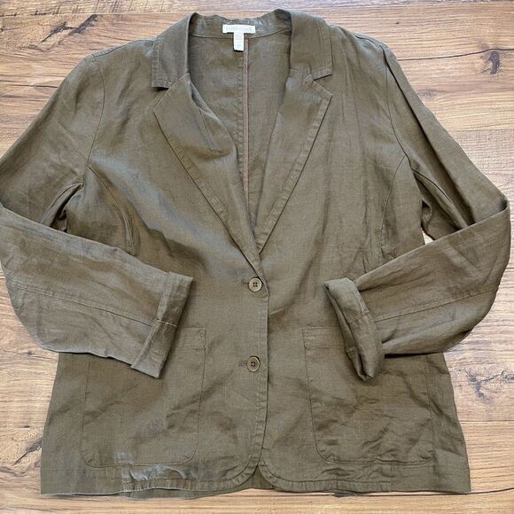 Eileen Fisher Women's Small 100% Organic Linen‎ Brown Blazer Jacket 2 Button - Picture 1 of 6